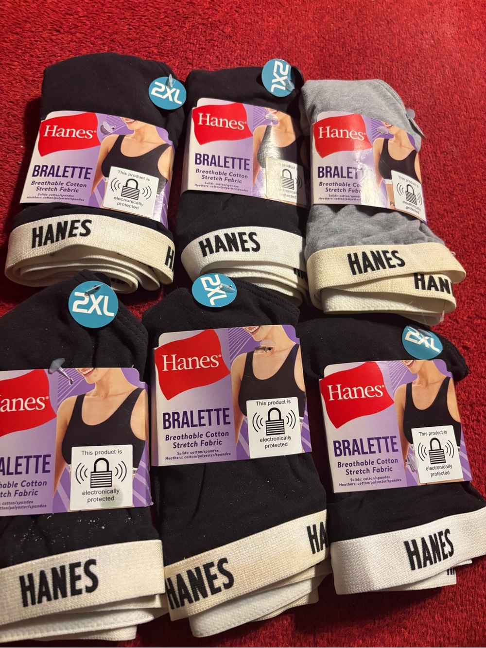 Hanes Bralette lot of 6-– Black & Gray Cotton Stretch Bralettes (2XL) new